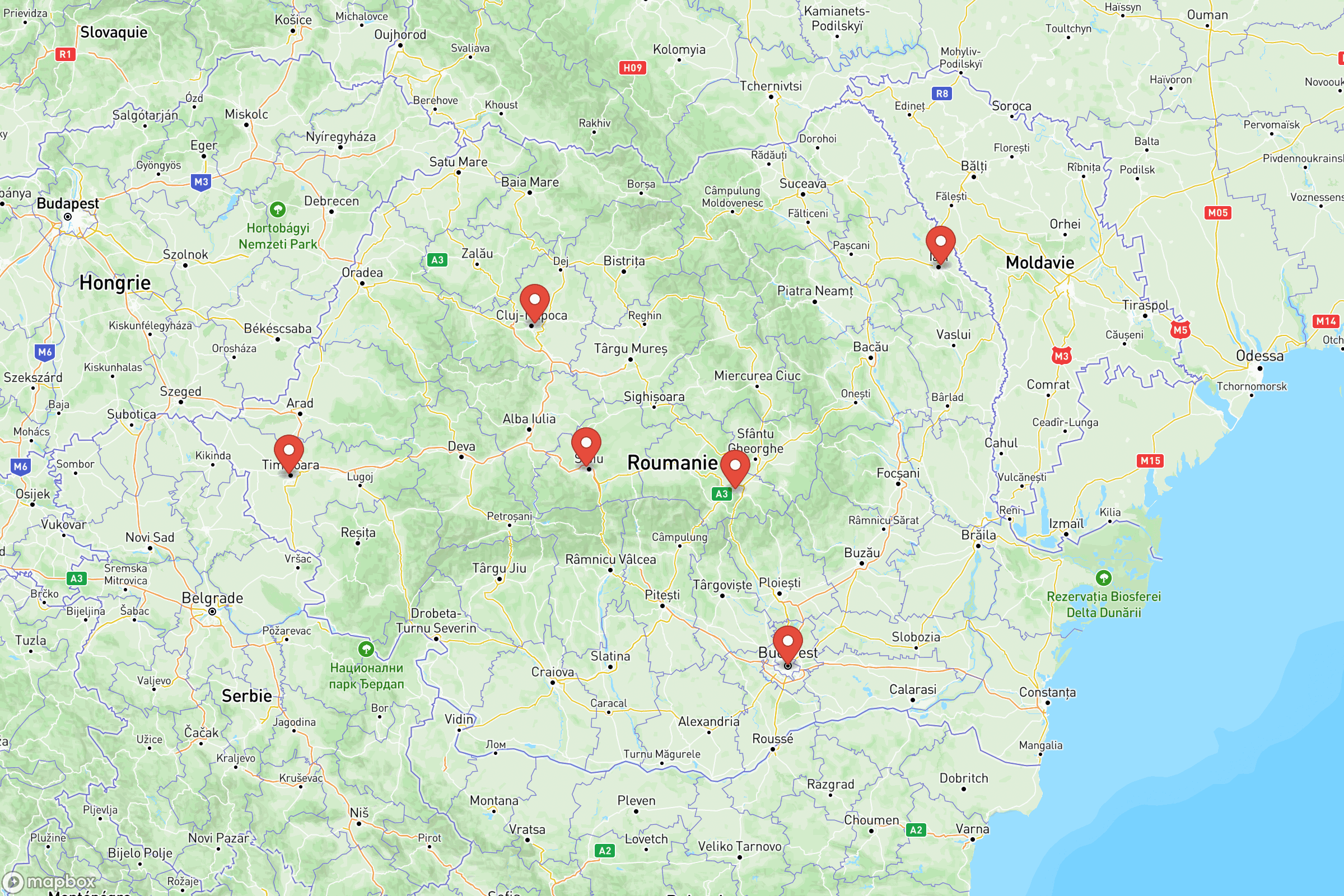 Carte des villes principales de la Roumanie : Bucarest, Cluj-Napoca, Timișoara, Iași