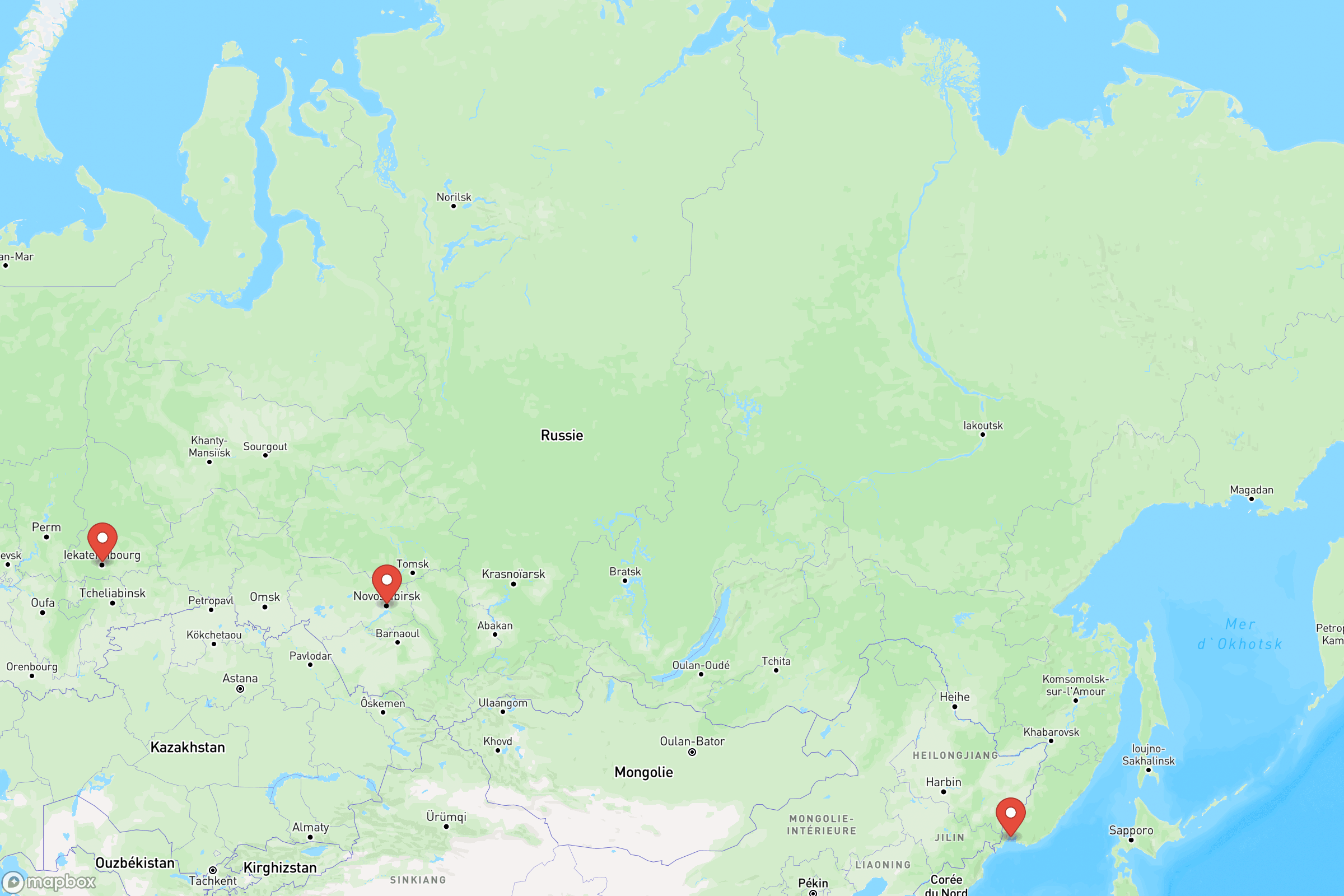 Carte des villes principales de la Russie : Moscou, Saint-Pétersbourg, Novossibirsk, Ekaterinbourg