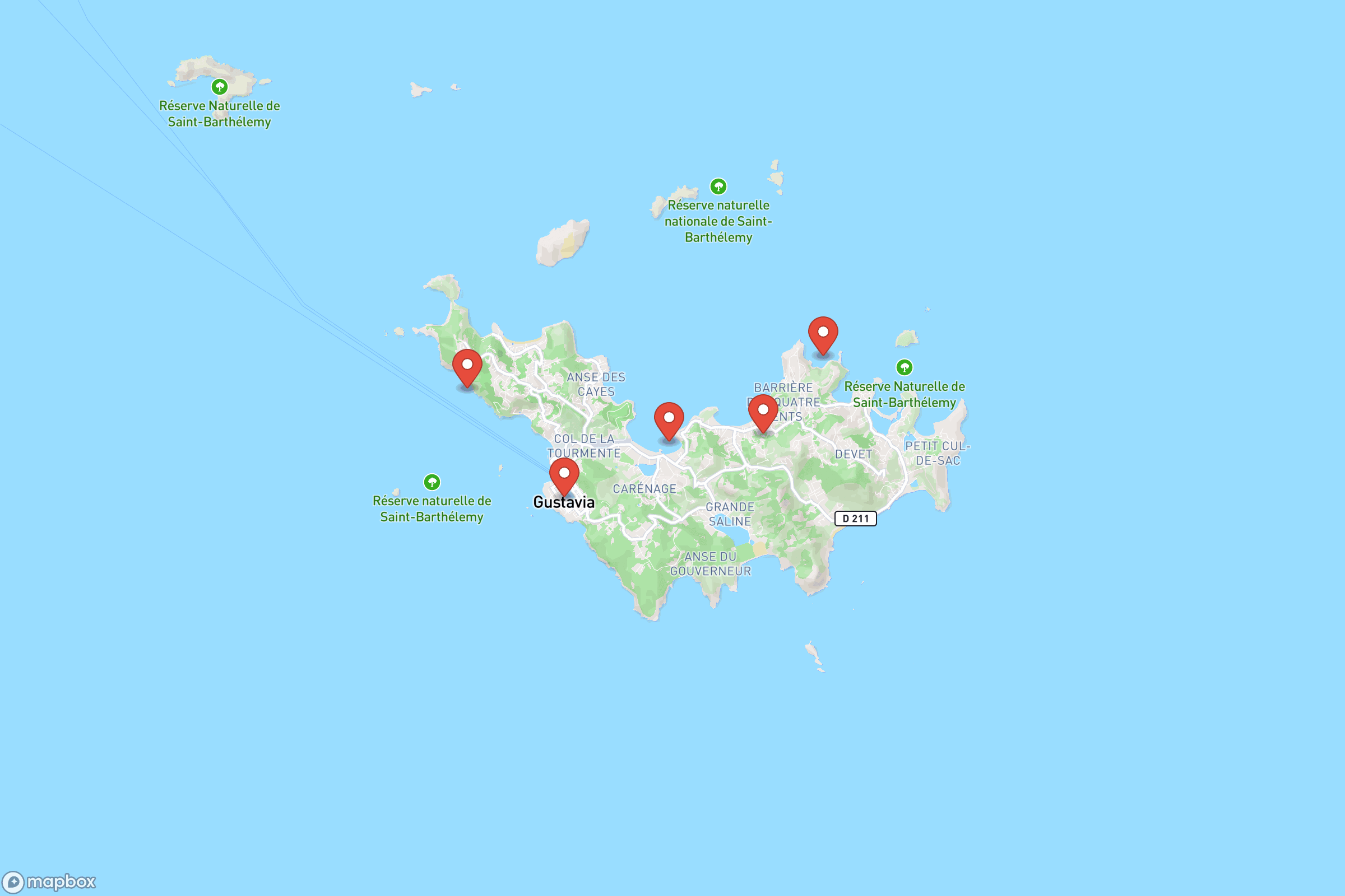 Carte des villes principales de Saint-Barthélemy : Gustavia, Saint-Jean, Lorient, Colombier