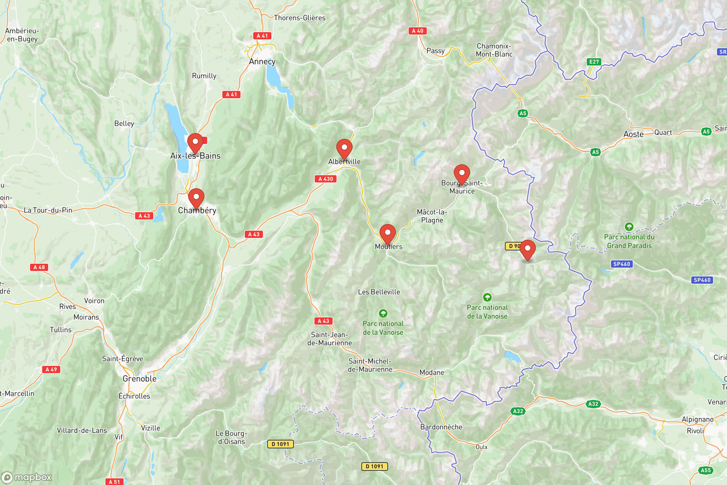 Carte des villes principales de la Savoie : Chambéry, Aix-les-Bains, Albertville, Moûtiers