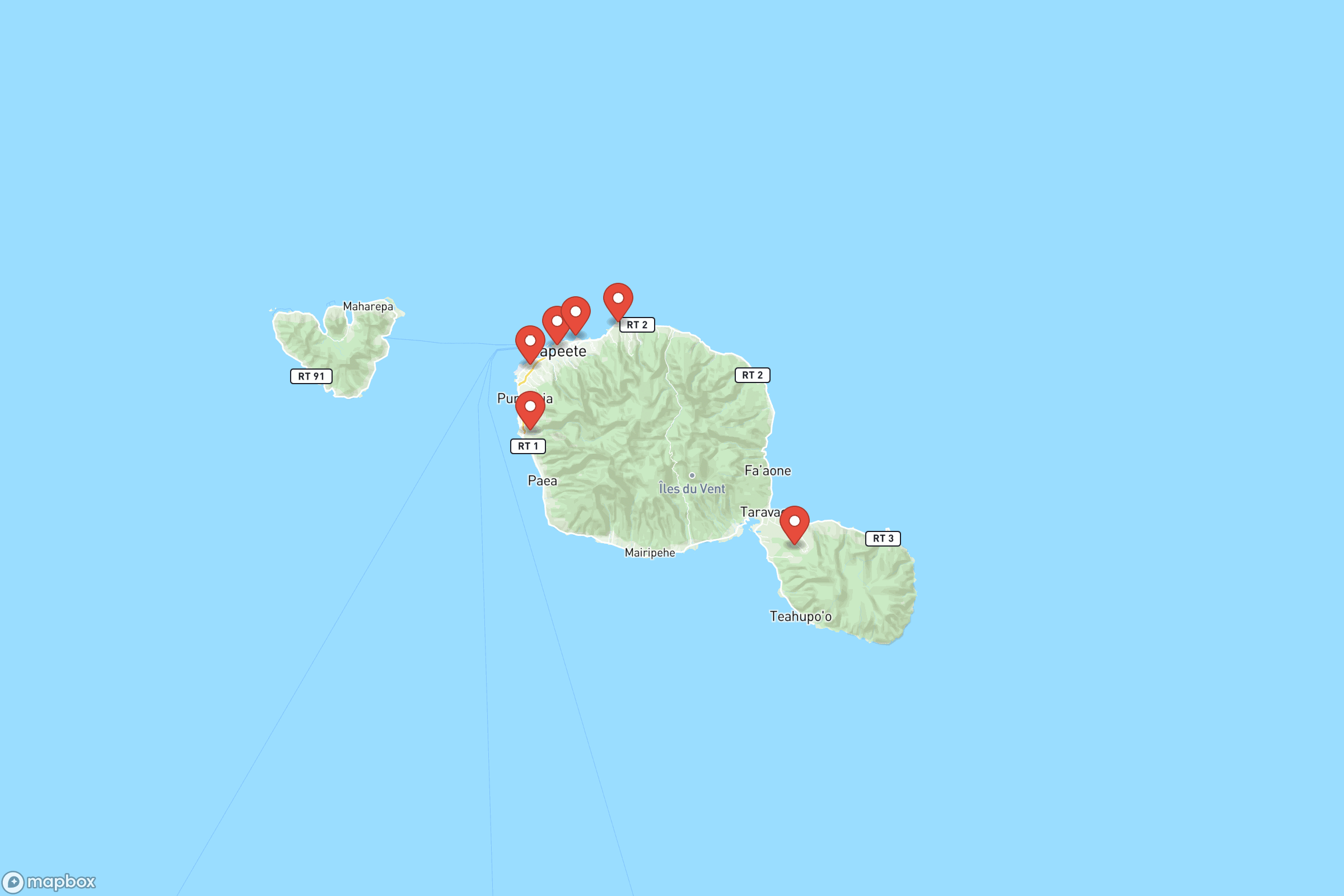 Carte des villes principales de Tahiti : Papeete, Faaa, Punaauia, Pirae
