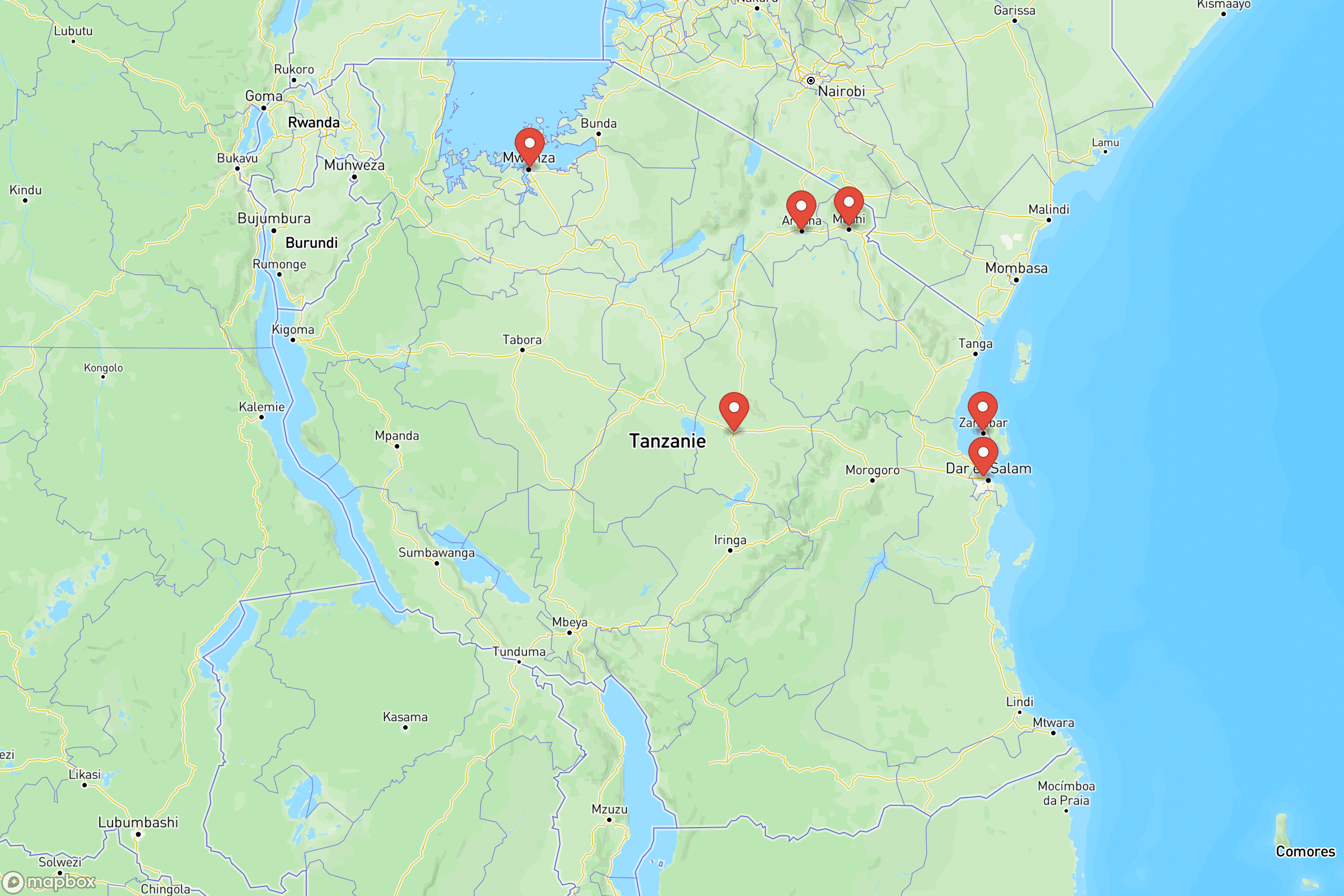 Carte des villes principales de la Tanzanie : Dar es Salaam, Dodoma, Arusha, Zanzibar City