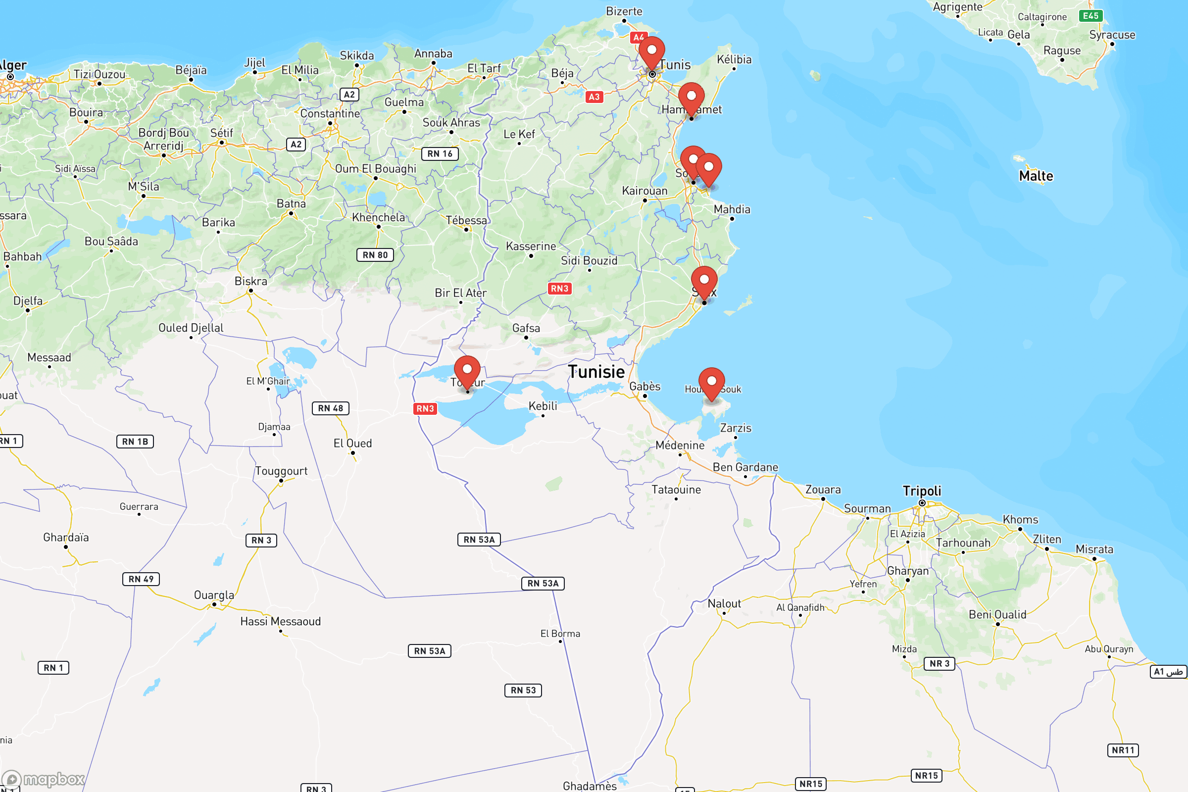 Carte des villes principales de la Tunisie : Tunis, Sfax, Sousse, Djerba