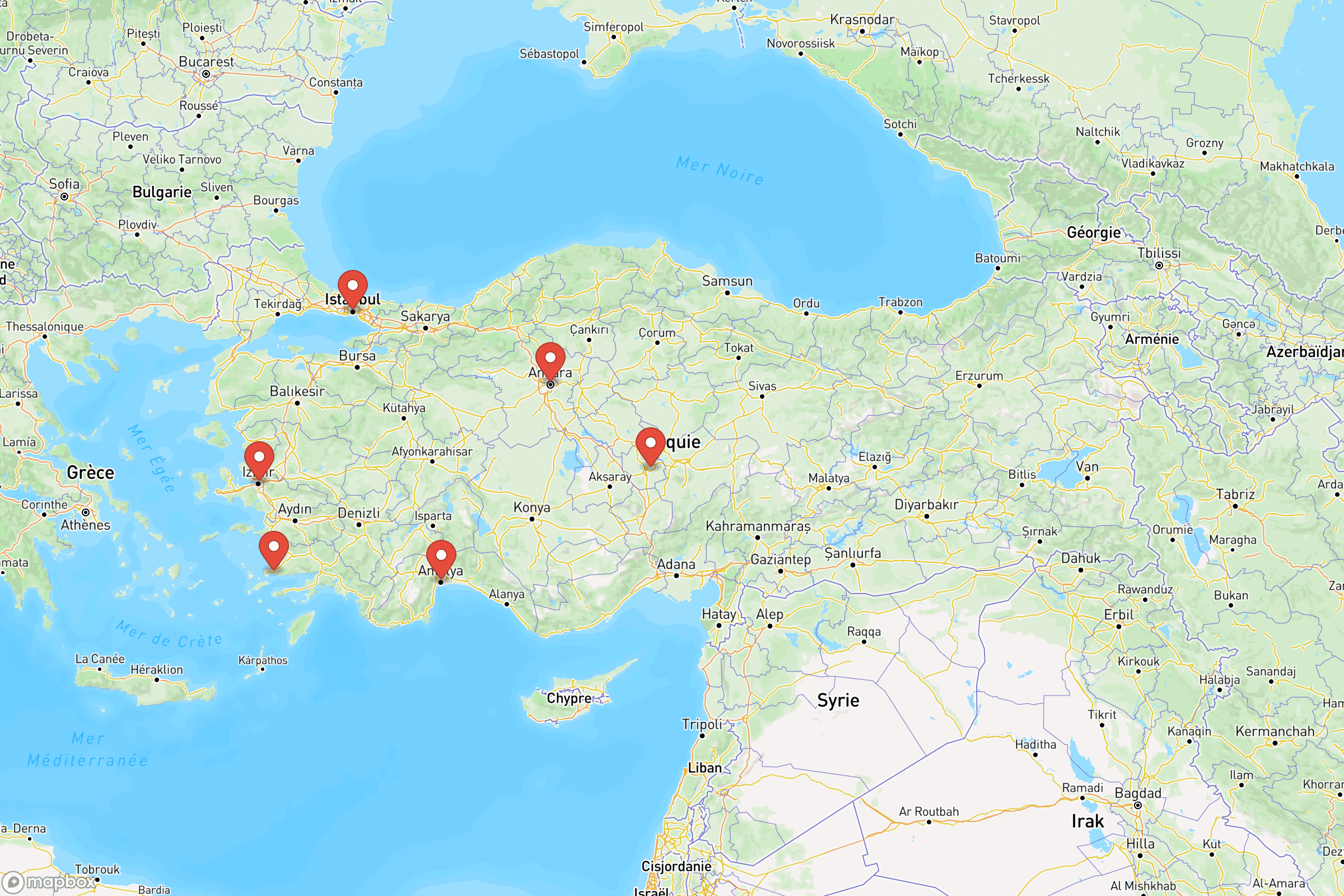 Carte des villes principales de la Turquie : Istanbul, Ankara, Izmir, Antalya