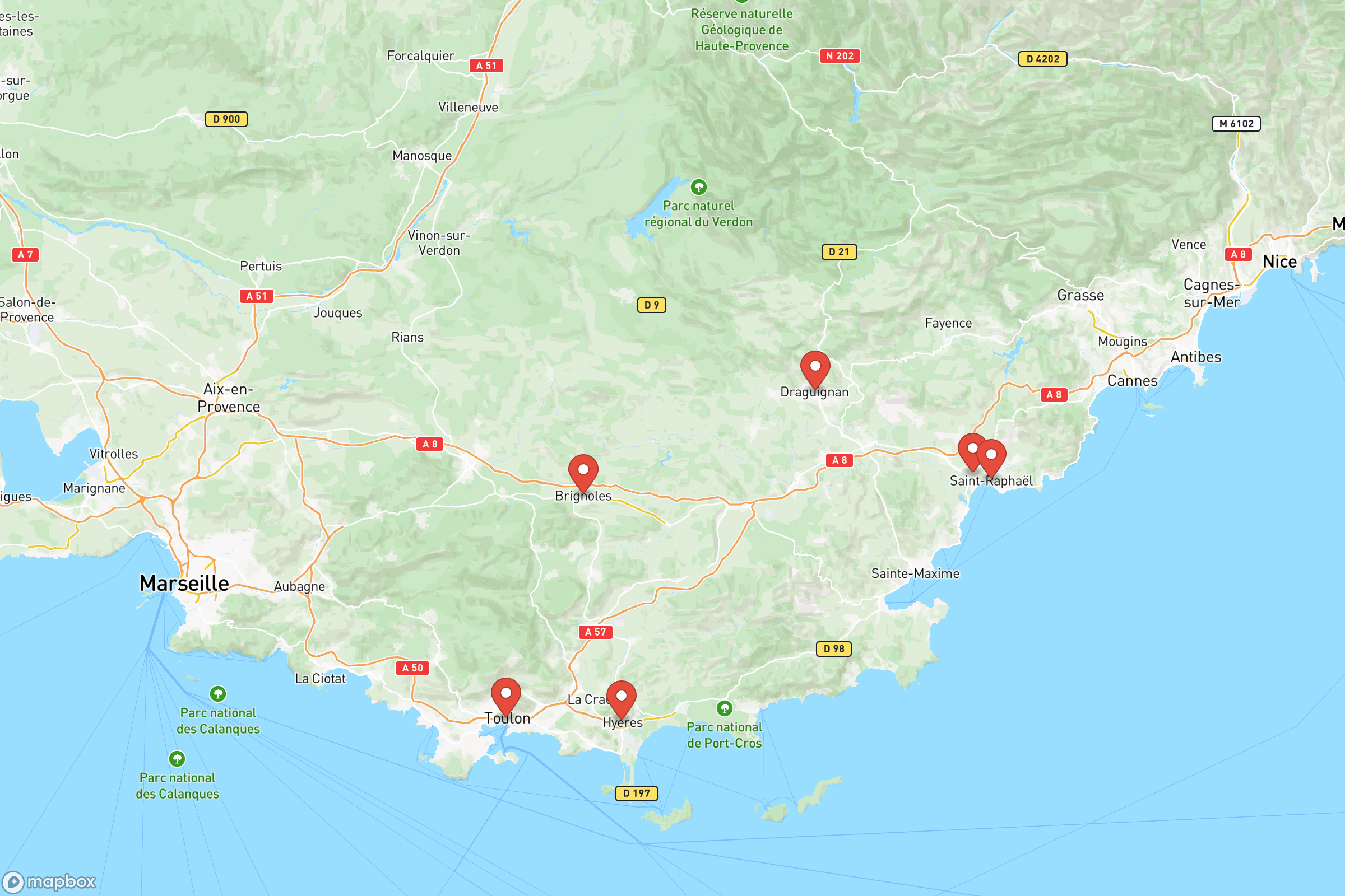 Carte des villes principales de du Var : Toulon, Fréjus, Hyères, Draguignan