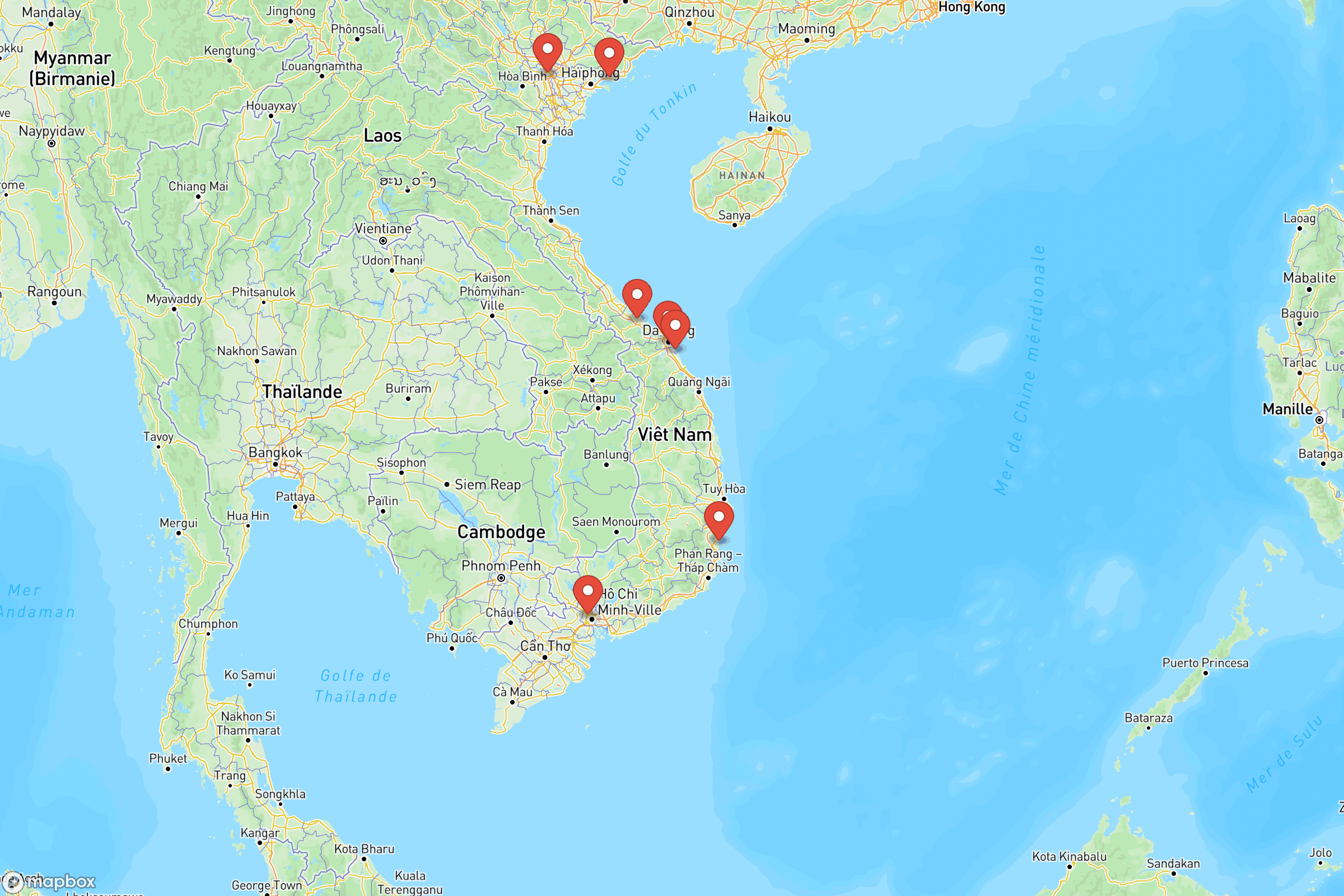 Carte des villes principales de du Vietnam : Hanoï, Hô Chi Minh-Ville, Da Nang, Hoi An