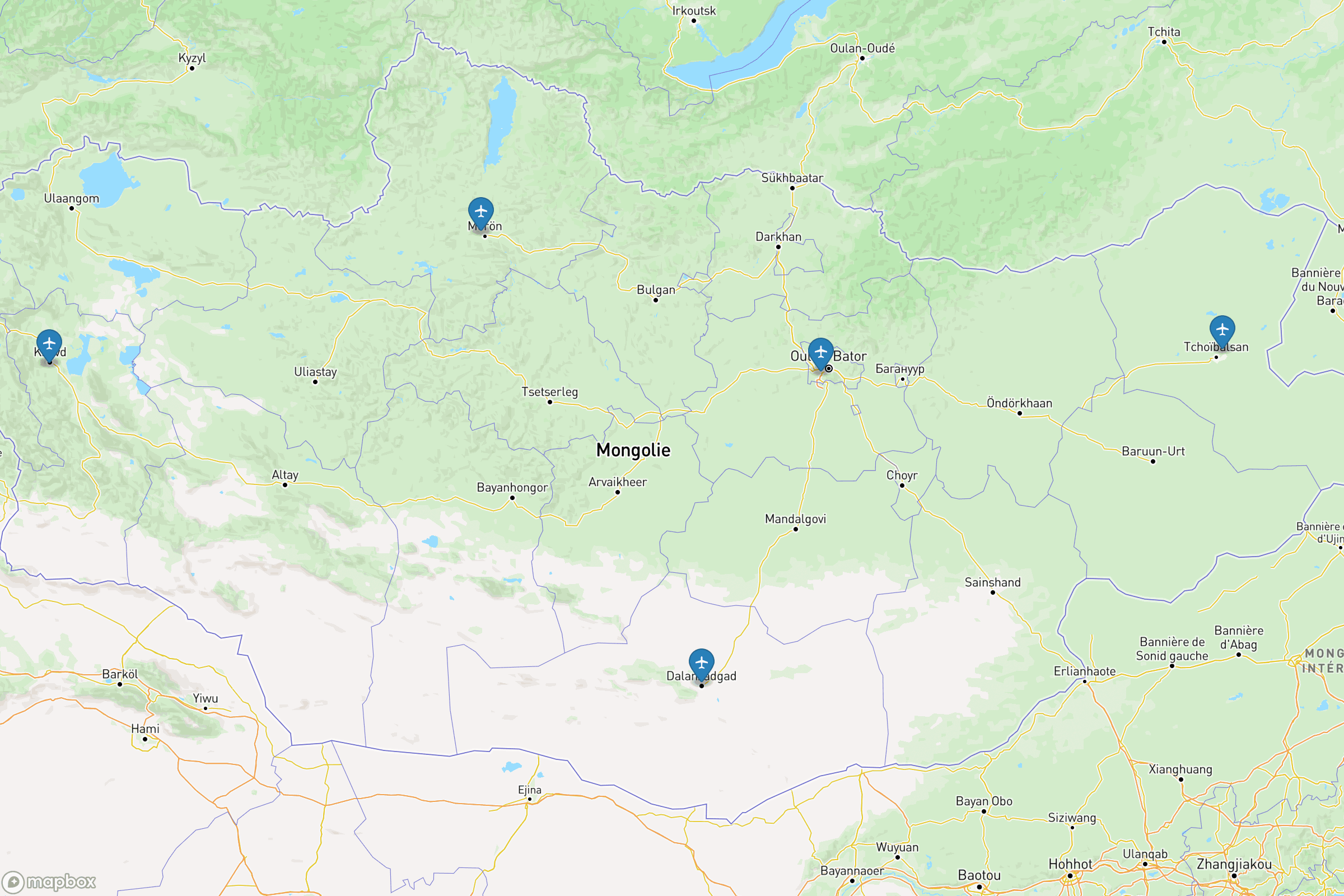 Carte des aéroports de laMongolie : Chinggis Khaan (UBN), Choibalsan (COQ), Mörön (MXV)