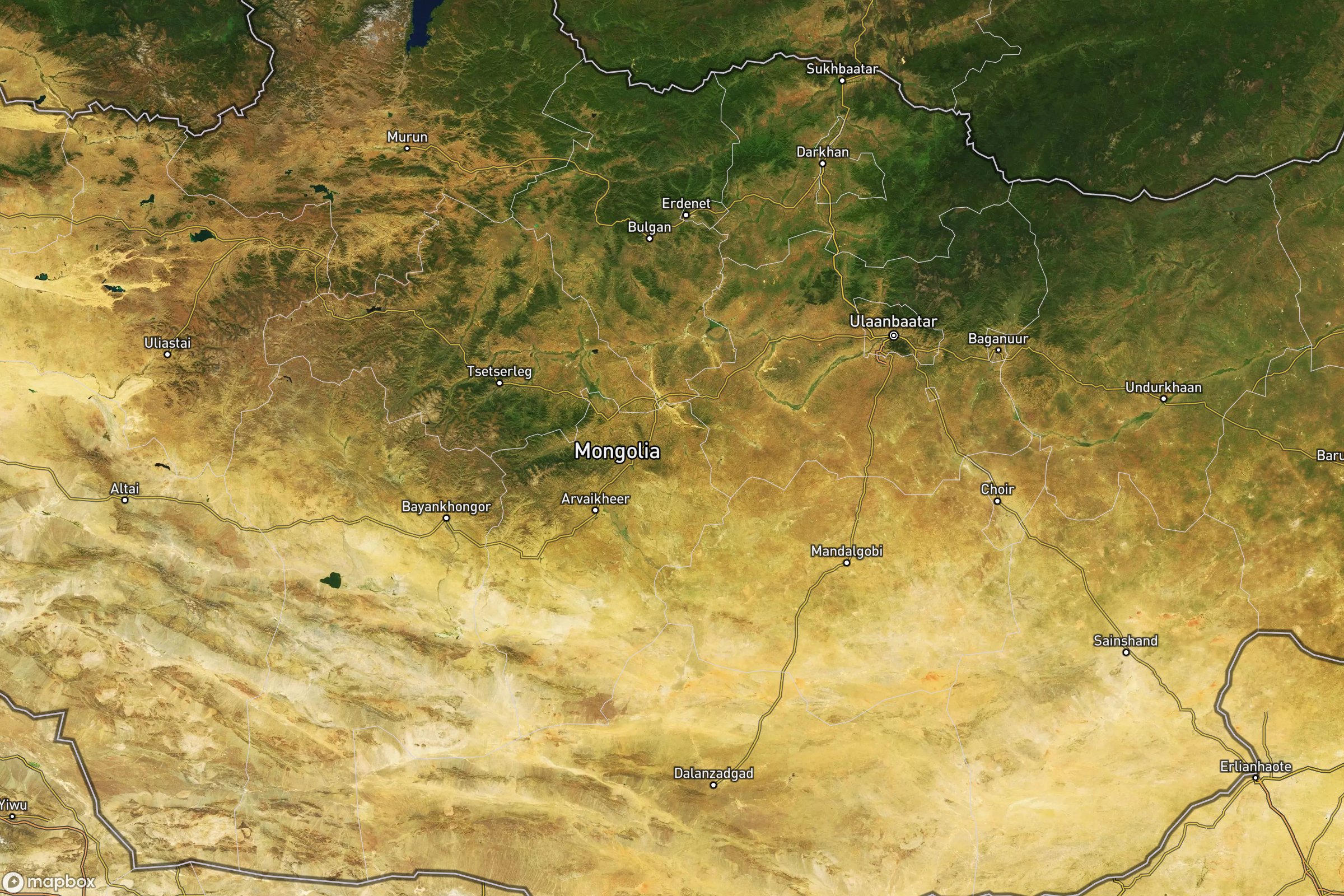 Vue satellite montrant le relief de laMongolie