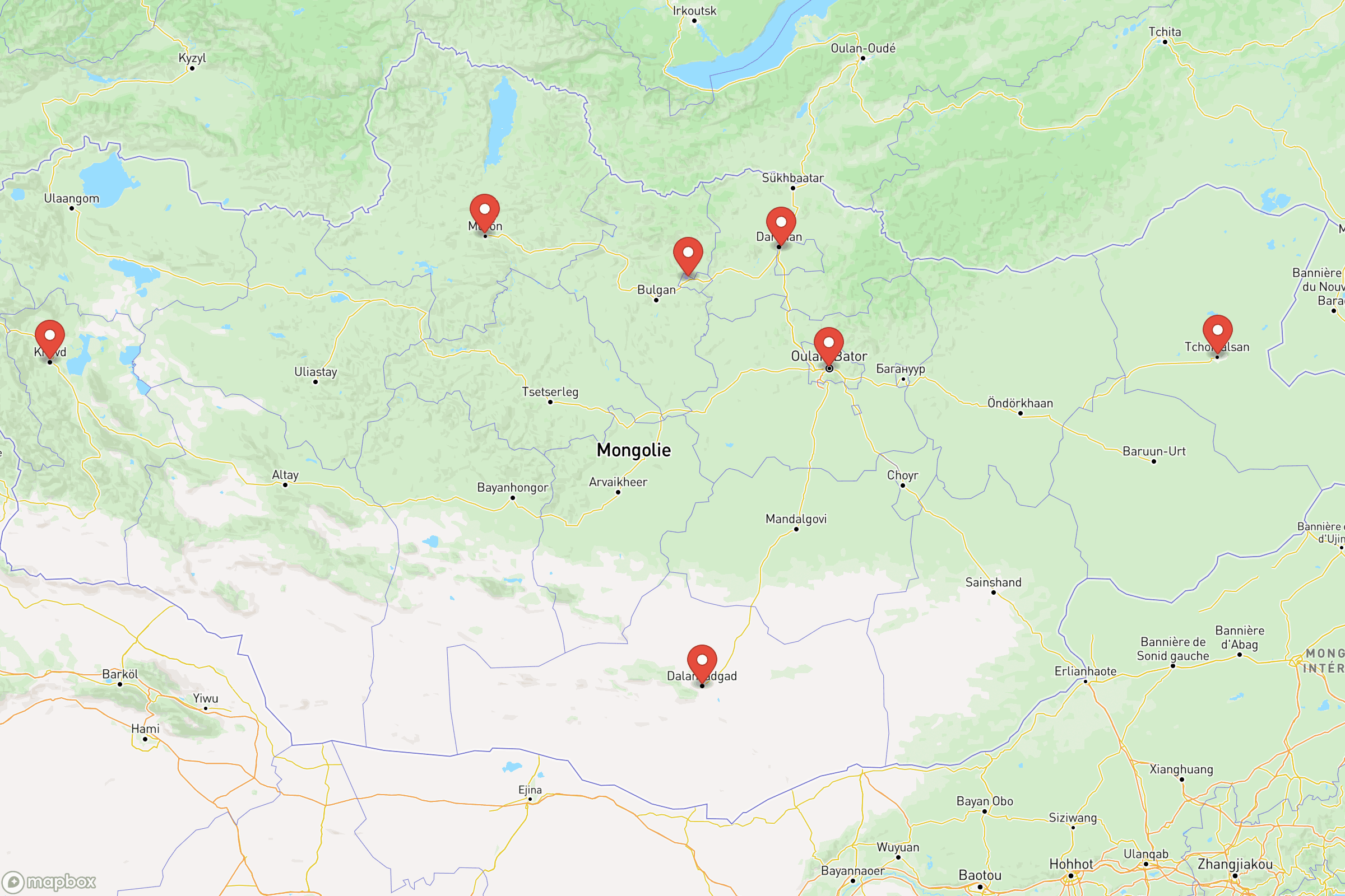 Carte des villes principales de laMongolie : Oulan-Bator, Erdenet, Darkhan, Choibalsan